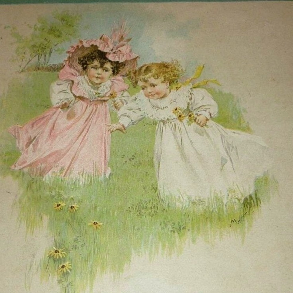 Antique 1897 Maud Humphrey Lithograph Print Two Girls in Flower Field Matted Art